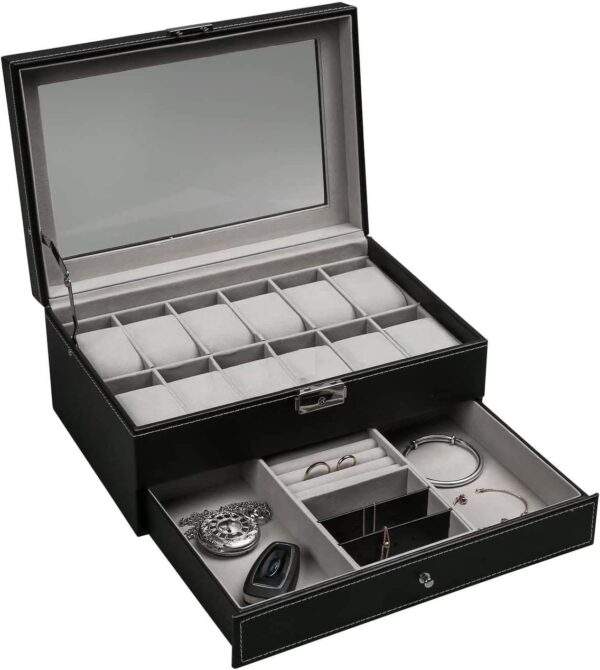 Fanno-12 Slot PU Leather Jewelry and Watch Storage Box with Glass Top and Velvet Liner