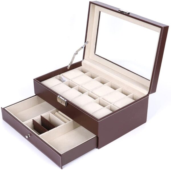 Fanno-12 Slot PU Leather Jewelry and Watch Storage Box with Glass Top and Velvet Liner