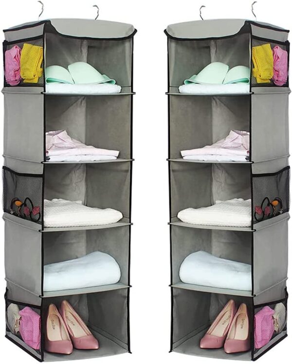 Fanno-2 Pack Foldable Shelf Hanging Closet Organizer with Side Pockets for Clothes Storage