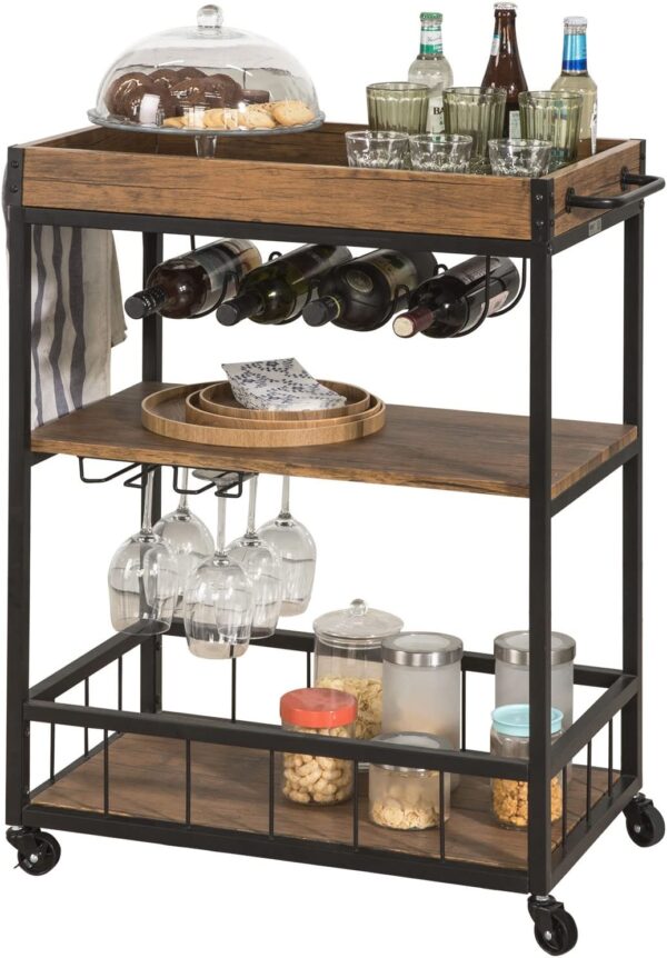 Fanno-Industrial Vintage Wood Metal Kitchen Serving Trolley with Wine Rack and Castors