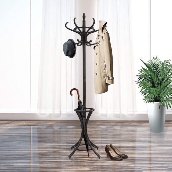 Fanno-Wooden Coat Rack Stand with 12 Hooks and Umbrella Holder for Hats and Bags