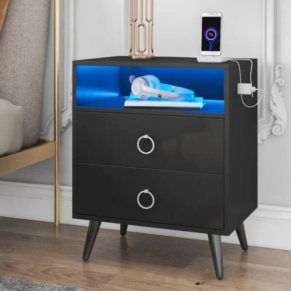 Fanno-Modern LED Bedside Table with USB Power Socket High Gloss Finish Black