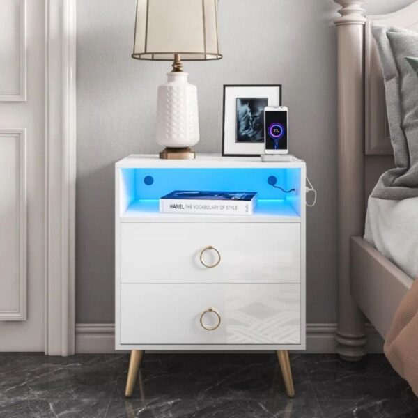 Fanno-Modern LED Bedside Table with USB Power Socket High Gloss White Finish