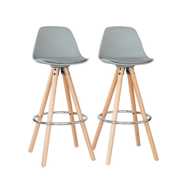 Fanno-2 PU Leather Padded Barstools (Light Grey/Wood) with Metal Footrest