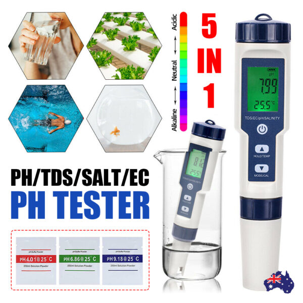 Fanno-5-in-1 Digital Water Quality Tester pH TDS EC Salinity Temperature Meter Waterproof