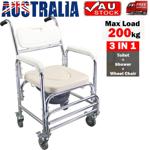 Fanno-Mobile Shower Commode Chair Aluminum Transport Toilet with Wheels and Padded Seat