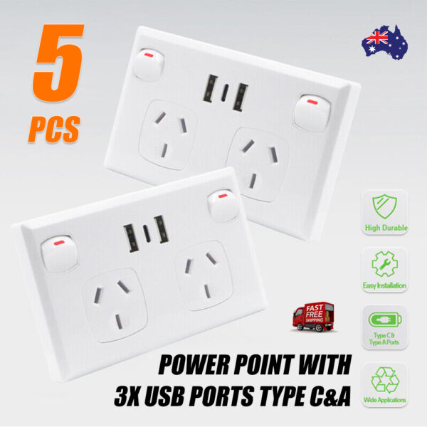 Fanno-Double Power Point with Dual USB and Type-C Fast Charge Wall Outlet 5PCS