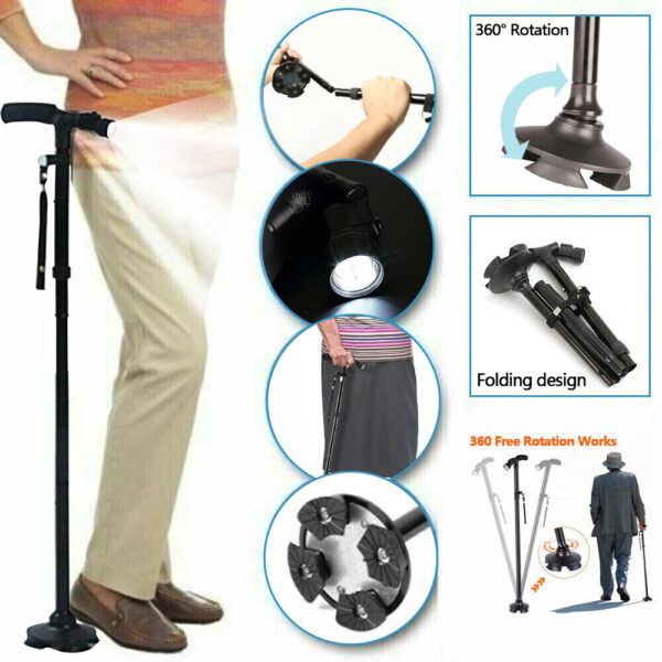 Fanno-Walking Stick Cane Folding Handle Adjustable fixed LED Light Aid Holder Lighting