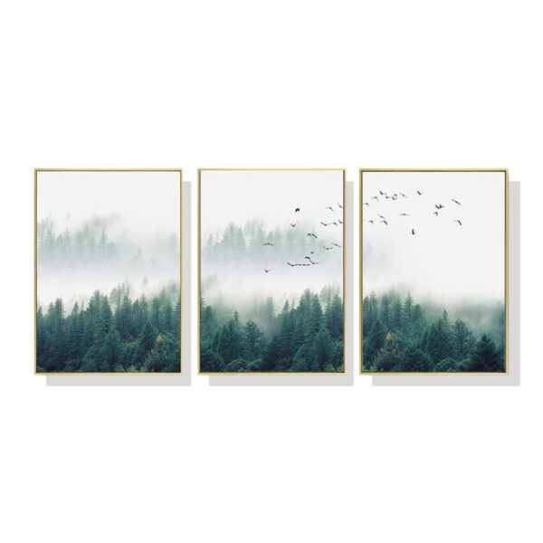 Fanno-Canvas Wall Art Mystical Forest Set of 3 Gold Frame Premium Prints 60x90cm