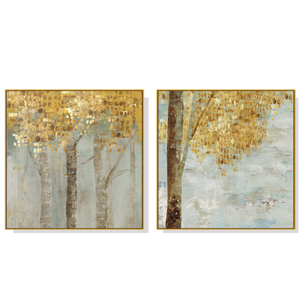 Fanno-Canvas Wall Art Golden Leaves Set of 2 Framed Prints for Home Decor 50x50cm