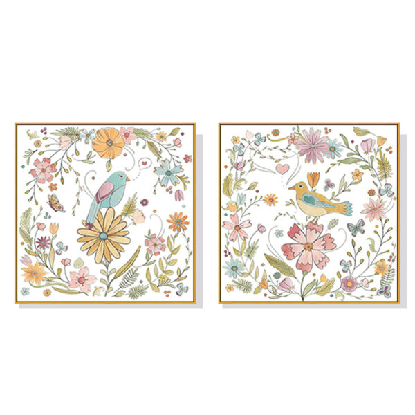 Fanno-Canvas Wall Art Floral Birds Set of 2 50cmx50cm Gold Frame Home Decor