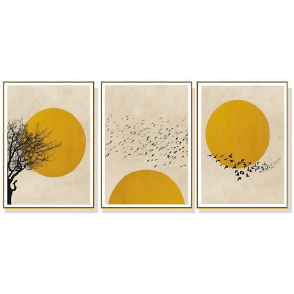 Fanno-Canvas Wall Art Flock of Birds Sun Silhouette Gold Frame 70x100cm Home Decor