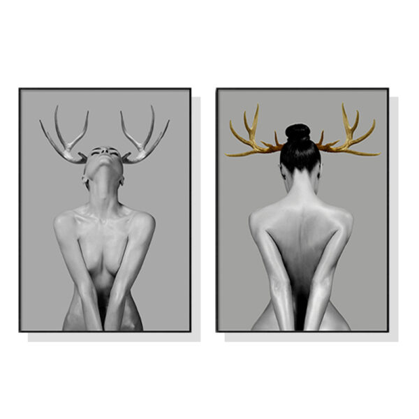 Fanno-Canvas Wall Art Girl With Gold Horn 50x70cm Black Frame Premium Print Australia