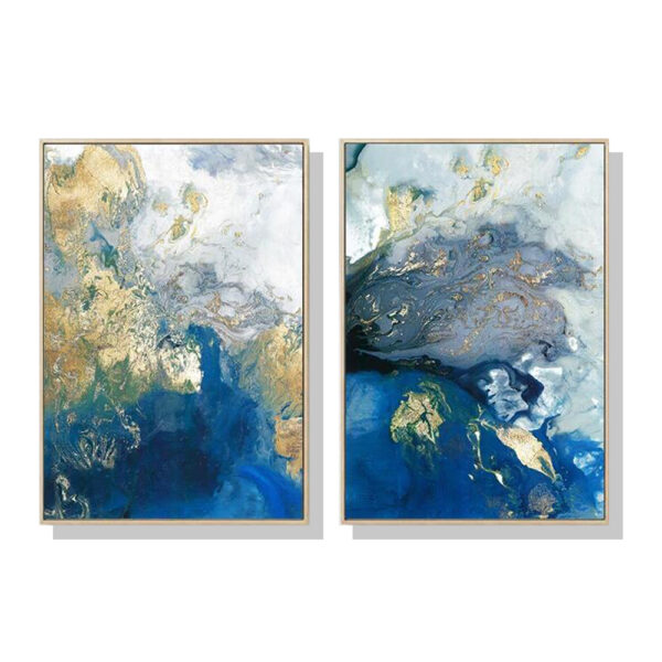 Fanno-Canvas Wall Art Marbled Blue and Gold Set of Two with Gold Frame 50x70cm