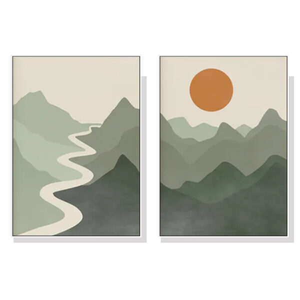 Fanno-Canvas Wall Art Sage Green River Mountain Set of 2 Framed Prints 40x60cm