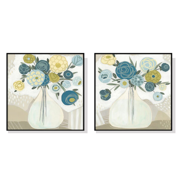 Fanno-Canvas Wall Art Blue Bouquet 80x80cm Set of 2 with Black Floating Frame