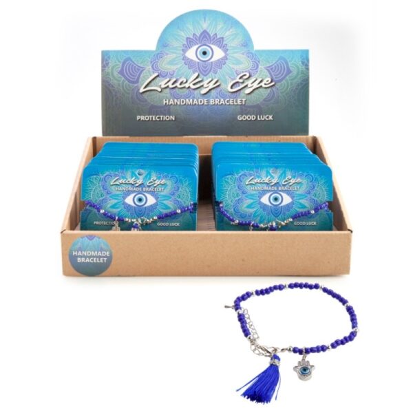 Fanno-Blue Beaded Bracelet with Tassel and Hamsa Charm Adjustable  Eye Protection