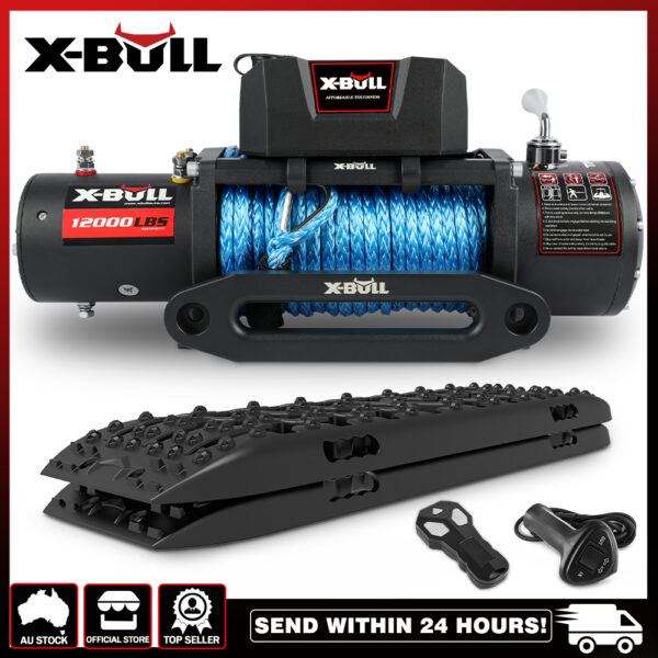 Fanno-12000LB Electric Winch 12V Synthetic Rope with Recovery Tracks for Off-Road Use