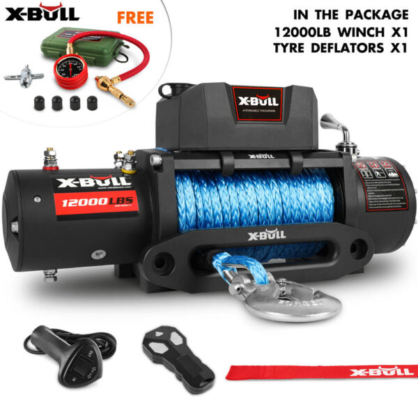 Fanno-12000LB Electric Winch with Synthetic Rope for 4WD Jeep and Tire Deflator