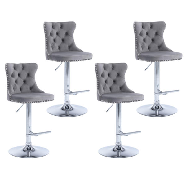 Fanno-Height Adjustable Swivel Bar Stool Velvet with Footrest and Chromed Base Gray