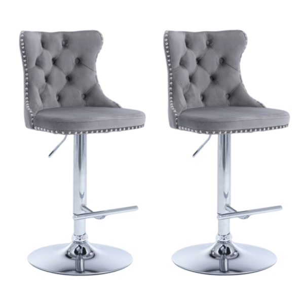 Fanno-Height Adjustable Swivel Bar Stool Velvet Stud Design with Footrest Gray Set of 2