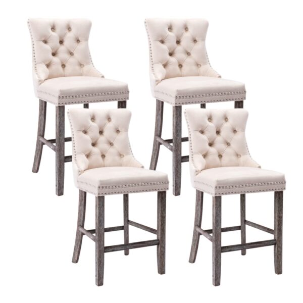 Fanno-Velvet Bar Stools Set of 4 Comfortable Upholstered Dining Chairs with Wooden Legs