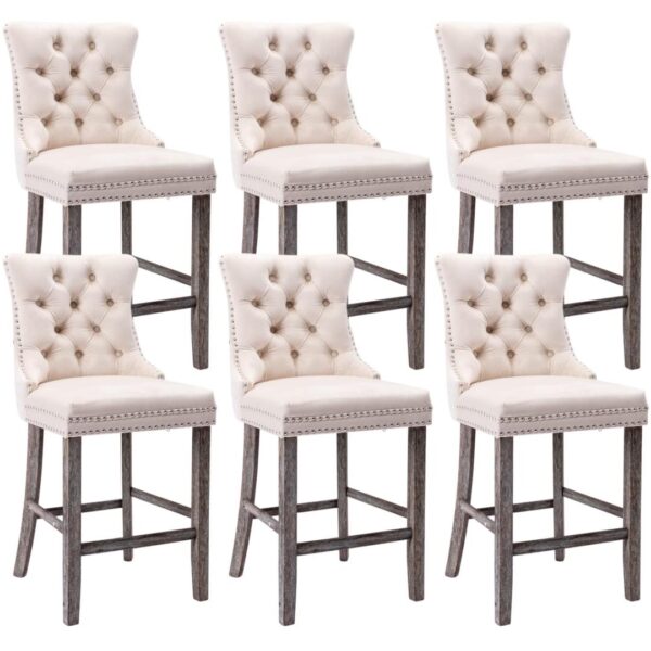 Fanno-Velvet Bar Stools Set of 6 Comfortable Upholstered Dining Chairs with Wooden Legs