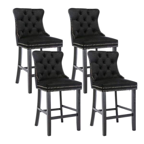 Fanno-Velvet Bar Stools Set of 4 with Studs Trim and Wooden Legs for Dining Kitchen