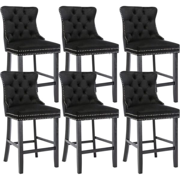 Fanno-Velvet Bar Stools Set of 6 with Studs Trim and Wooden Legs for Dining Kitchen