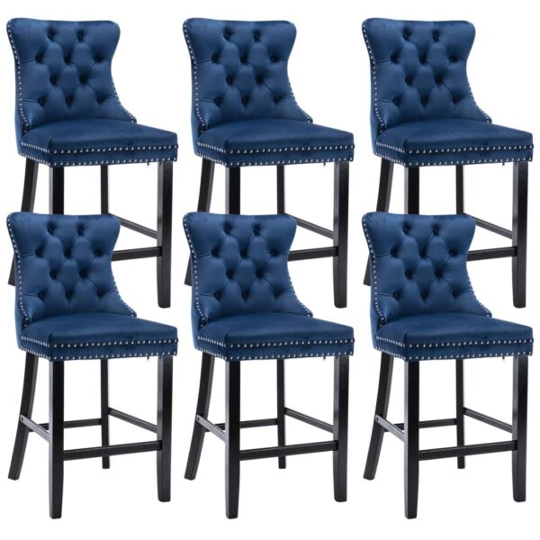 Fanno-Velvet Bar Stools Set of 6 with Studs Trim and Wooden Legs for Dining Kitchen