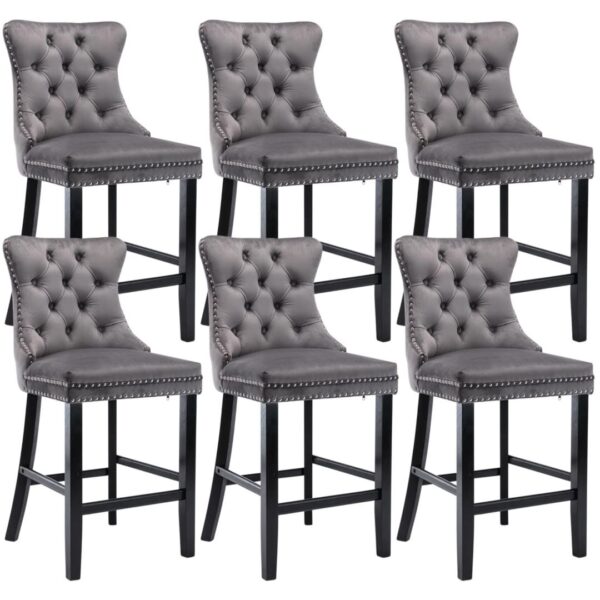 Fanno-Velvet Bar Stools Set of 6 with Studs Trim and Wooden Legs for Dining Kitchen