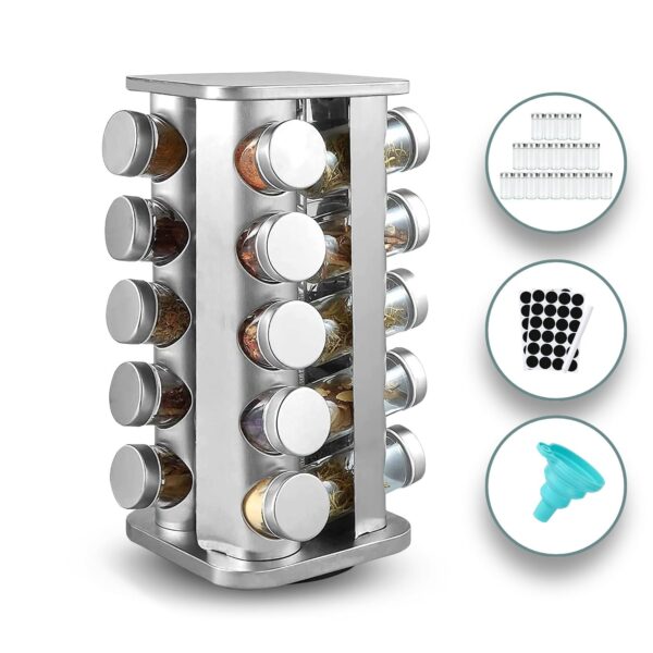 Fanno-Rotating Spice Rack Organizer with 20 Glass Jars and Labels for Kitchen Storage