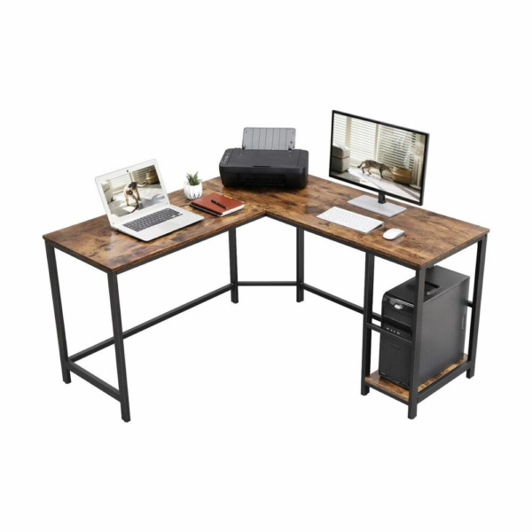 Fanno-L-Shaped Computer Desk with Shelves Rustic Brown and Black for Home Office