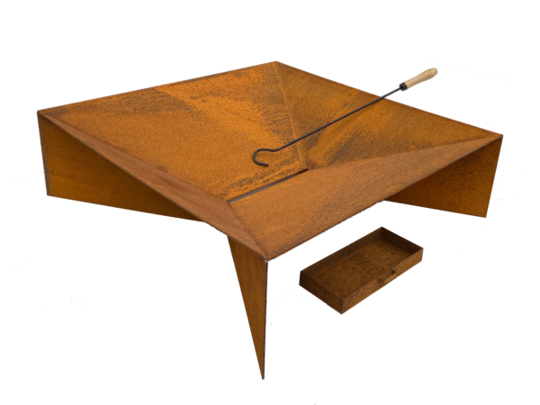 Fanno-Square Mild Steel Fire Pit 3mm Thick with Ashtray and Steel Poker in Rust Color