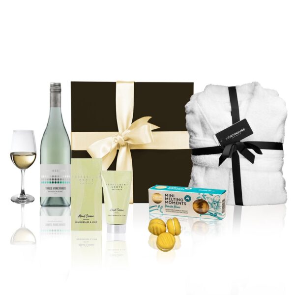 Fanno-Luxury White Wine Hamper with Sav Blanc Cookies Bath Robe and Hand Cream Gift Set