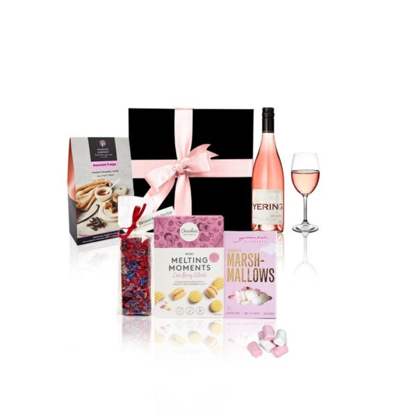 Fanno-Rose Gift Hamper with Nougat Cookies Fudge Marshmallows and Wine 750ml