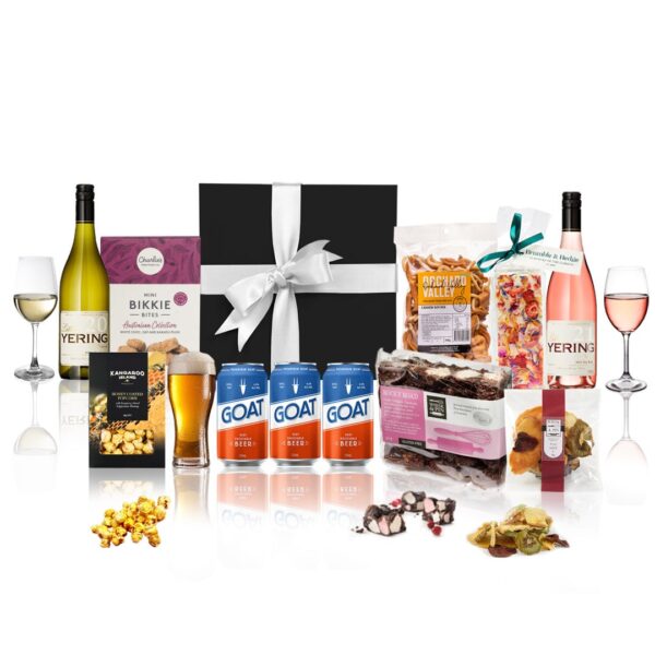 Fanno-Festive Celebration Hamper with Cashew Mix Cookies Beer Rose and Chardonnay