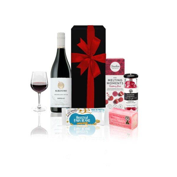 Fanno-Wine and Snacks Hamper with Shiraz Cookies Soap Lollies and Faba Beans Gift Box