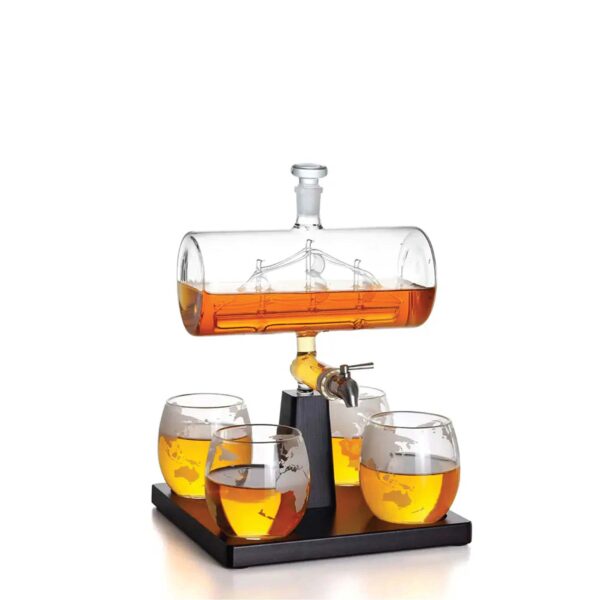 Fanno-Glass Whiskey Decanter Set with 4 Globe Glasses and Wooden Stand for Home Bar