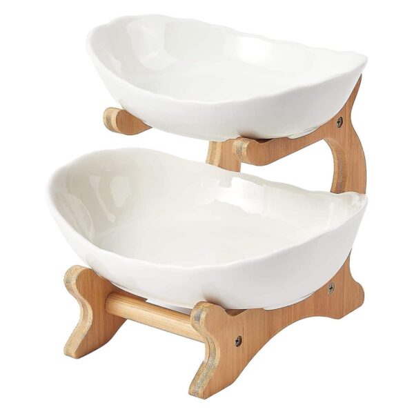 Fanno-2 Tier Porcelain Fruit Bowl - Ceramic Vegetable Storage With Bamboo Stand