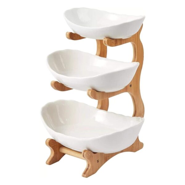 Fanno-3 Tier Porcelain Fruit Bowl - Ceramic Vegetable Storage With Bamboo Stand