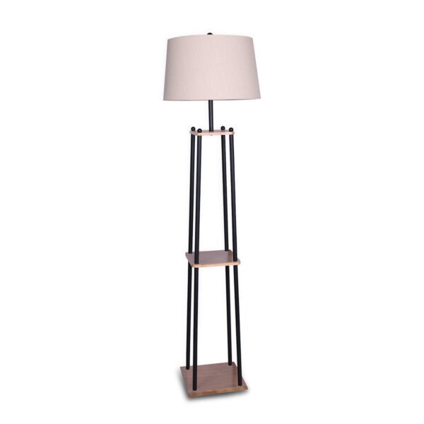 Fanno-Shelf Floor Lamp with 3-Tier Wood Shelves and Cream Linen Shade for Home Decor