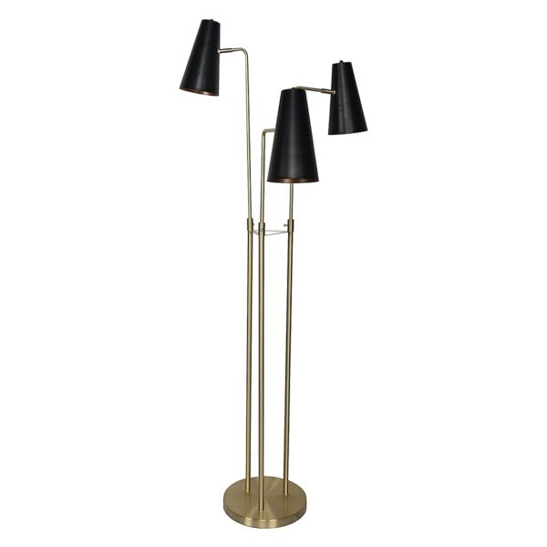 Fanno-Trio Floor Lamp with Brass Poles and Black Metal Shades for Living Room Decor