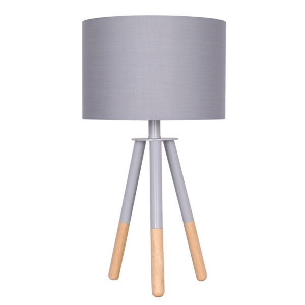 Fanno-Tripod Table Lamp with Grey Fabric Shade and Metal Wood Legs for Modern Spaces