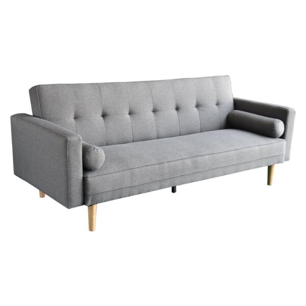 Fanno-Linen Upholstered Three Seater Sofa Bed with Wooden Legs and Pillows Light Grey