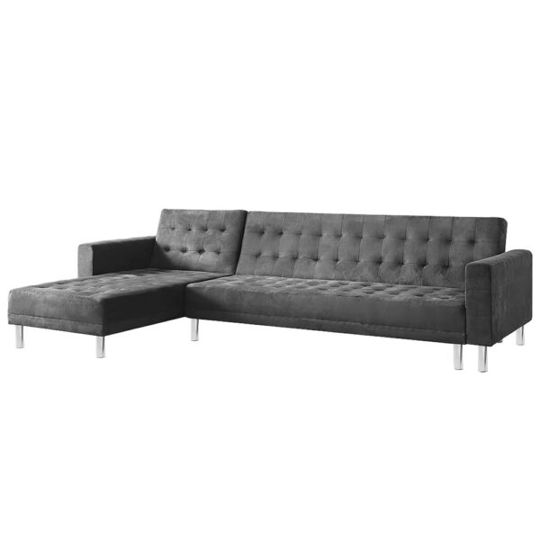 Fanno-Luxurious Faux Velvet Corner Sofa Bed with Adjustable Backrest and Metal Legs Grey