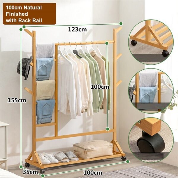 Fanno-Bamboo Clothing Rack with Hooks and Shelf Natural Finish Portable Garment Stand