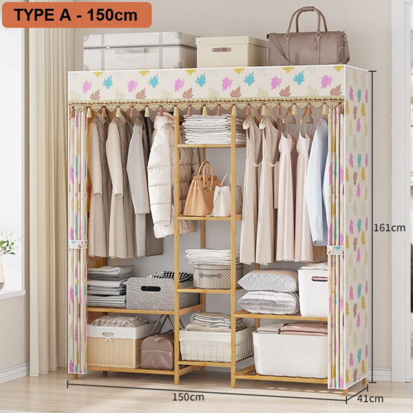 Fanno-Bamboo Clothes Rack Storage Organizer with Hanging Rail and Shelves for Garments