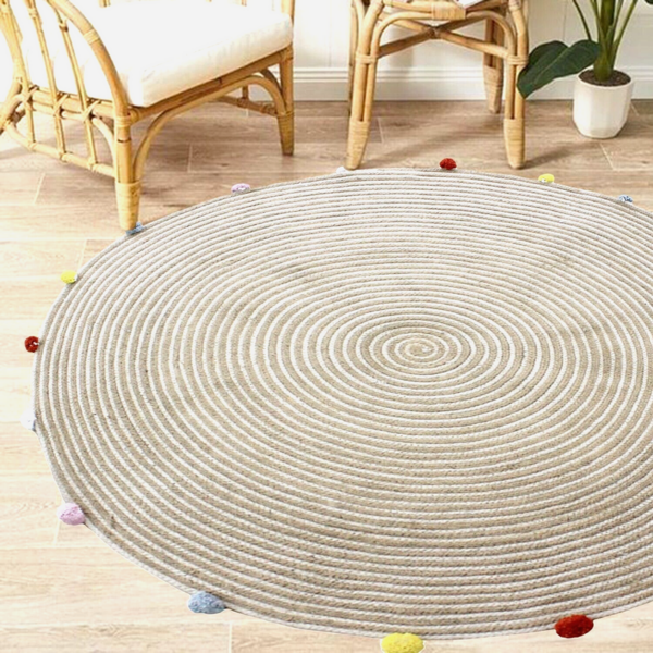 Fanno-Round Woven Jute Cotton Multicolor Pompom Rug 120 cm for Boho Home Decor