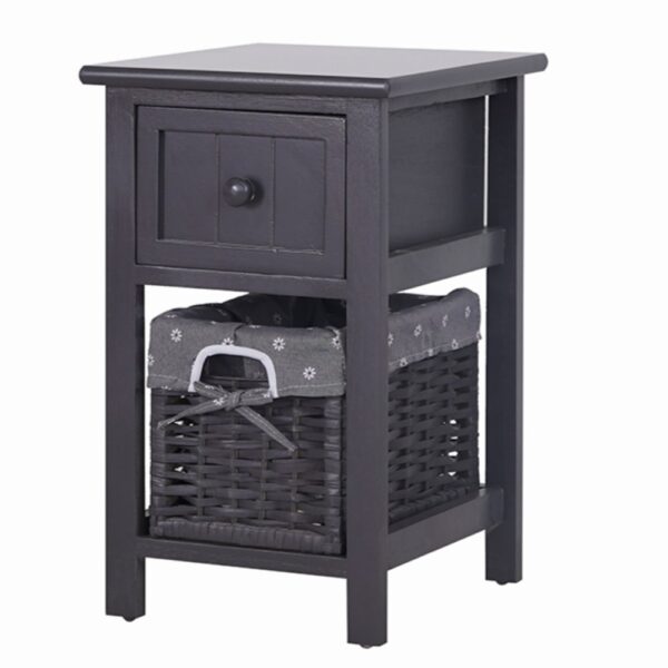 Fanno-Compact Grey Bedside Table with Wicker Basket and Waterproof Surface Storage